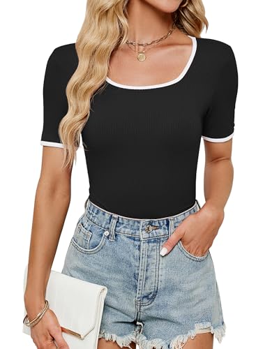 BellaDila Women's Summer Short Sleeve Square Neck T Shirts